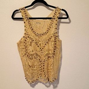 Gold Sleeveless Embroidered Lace Top with Studs